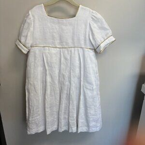 Sal & Pimenta White Linen Easter Dress with gold trim bow back size 7/8
